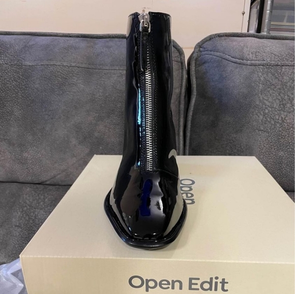 Nordstrom Open Edit Chloe Zip Boots Black Vegan Patent Leather Chunky Square Toe - Picture 5 of 15